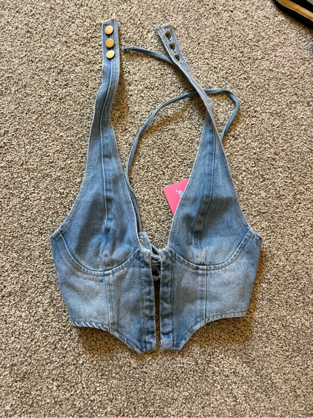 Edikted Light Blue Denim Halter Crop Top